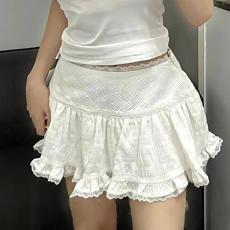 Mini Skirt with Lace Trim Low Rise Tiered White Skirt Summer Women TeenGirl Y2K Goth Outfit