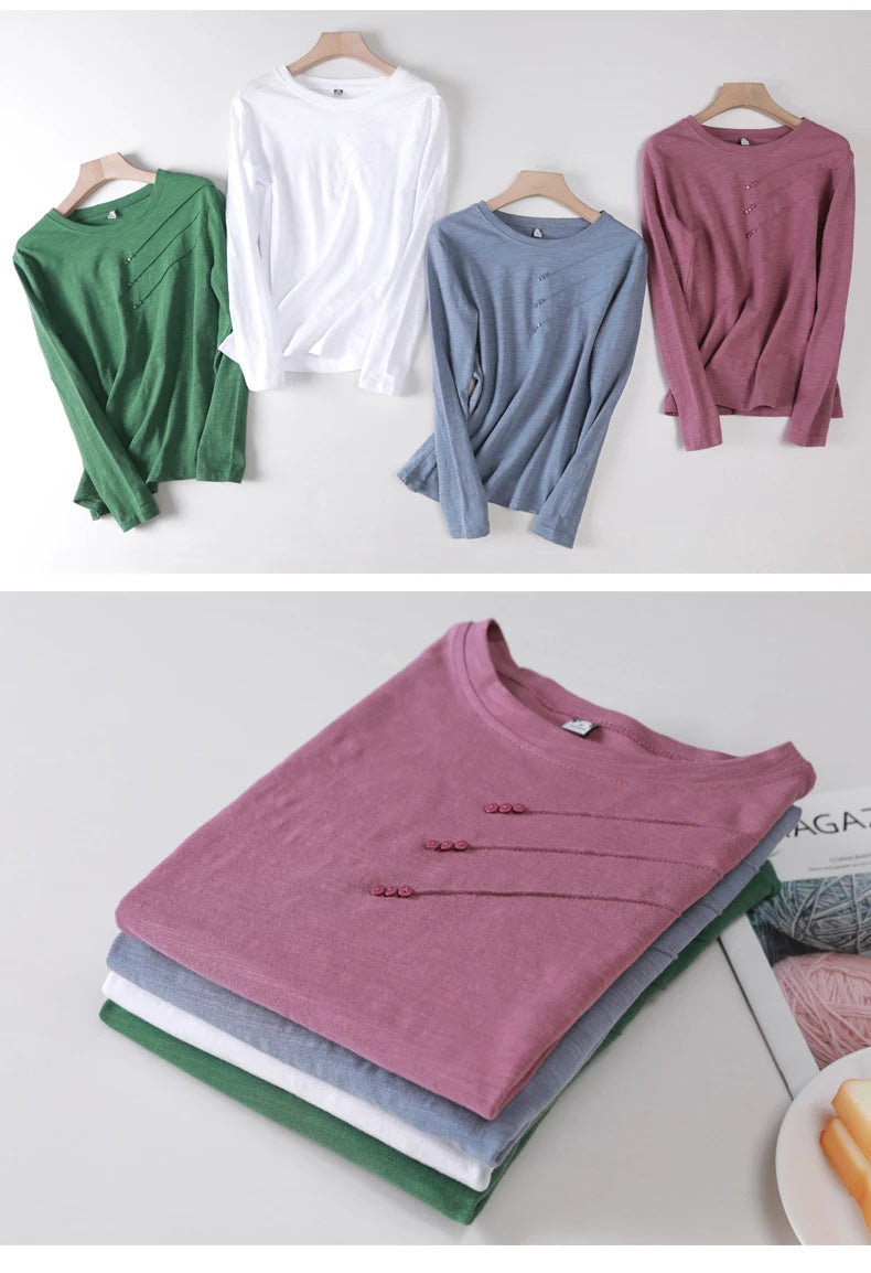 Female Ribbed Cotton Tee-Shirts Button Loose Casual Fashion T-shirts 2026