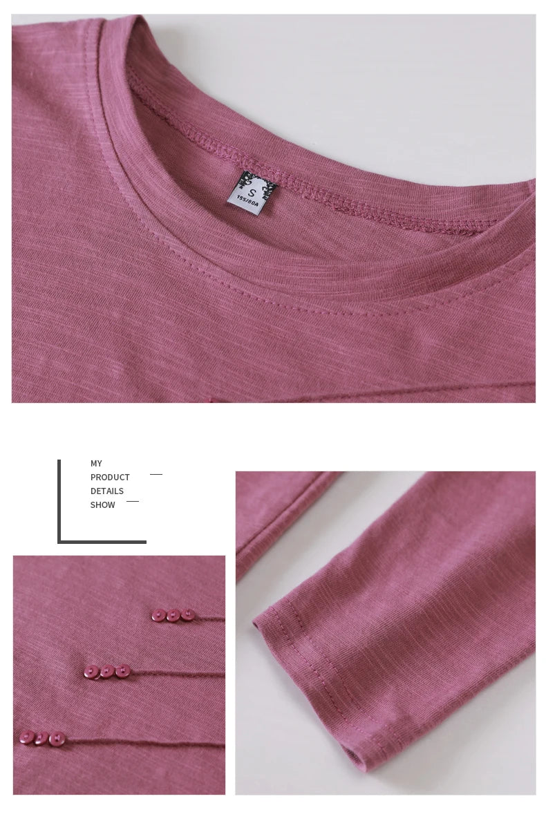 Female Ribbed Cotton Tee-Shirts Button Loose Casual Fashion T-shirts 2026